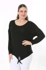 Kadın Büyük Beden Saks Önden Bağlamalı Uzun Kollu Bluz 65N37695