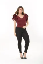 Kadın Büyük Beden Bordo Volan Kollu Arka Gizli Fermuarlı Bluz 65N37533