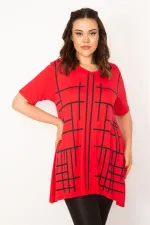 Kadın Kırmızı V Yaka Ön Baskılı Tunik 65N33343