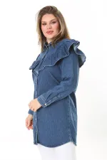 Kadın Büyük Beden Lacivert Volan Detaylı Ön Düğmeli Kot Tunik 65N37891
