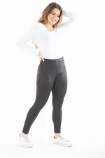 Kadın Büyük Beden Siyah Deri Görünümlü Desenli Tayt 65N37312