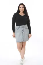 Kadın Büyük Beden Mavi Yıkama Efektli Kot Etek 65N38500
