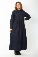 Women's Navy Blue Hidden Placket Metal Button Denim Dress 65N37375