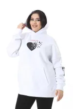 Women's Plus Size White Polar Fleece Print and Hooded Detailed Sweatshirt 65N38623