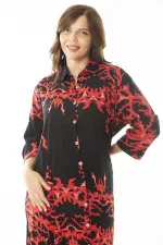 Kadın Büyük Beden Kırmızı Dokuma Viskon Kumaş Ön Boy Düğmeli Uzun Kollu Elbise 65N36887