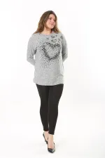 Kadın Büyük Beden Gri Önü Taş Detaylı Yün Viskon Bluz 65N37501