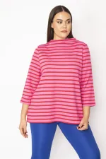 Kadın Fuşya Dik Yakalı Kapri Kollu Çizgili Bluz 65N29480