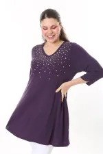 Kadın Büyük Beden Mürdüm Taş Detaylı Kapri Kollu Tunik 65N37696