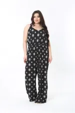 Kadın Büyük Beden Siyah Askılı Geniş Paçalı Beli Lastikli Rahat Kesim Tulum 65N38852