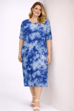 Kadın Büyük Beden Mavi, Batik Desen Viskon Elbise 65N39469