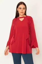 KADIN BORDO YAKA VE VOLAN DETAYLI BLUZ