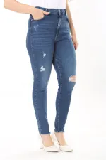 Kadın Büyük Beden Lacivert Yüksek Bel Yırtık Detaylı Skınny Kot Pantolon 65N38030