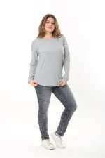 Kadın Büyük Beden Gri Bisiklet Yakalı Kendinden Çizgili Uzun Kollu Bluz 65N37529