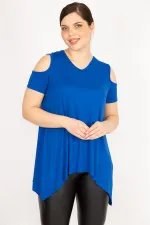 Kadın Saks Büyük Beden Omuz Dekolteli Asimetrik Kesim Viskon Bluz