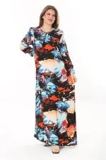 Kadın Büyük Beden Mavi Yaka Bağcıklı Uzun Kollu Maksi Boy Elbise 65N37869