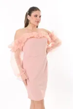 Kadın Büyük Beden Somon Yaka Ve Kolları Organze Elbise 65N37740