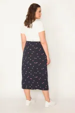 KADIN LACİVERT BEL LASTİKLİ DESENLİ ETEK
