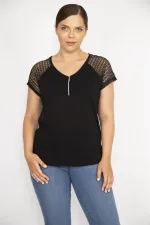 Kadın Beyaz Büyük Beden Pamuklu Kumaş Ön Pat Fermuarlı Kolları Dantel Bluz