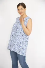 Kadın Mavi Büyük Beden V Yakalı Önü A Pile Çiçek Desenli Bluz