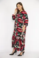 Kadın Renkli Büyük Beden Dokuma Viskon Kumaş Ön Düğmeli Etek Ucu Katlı Uzun Kollu Elbise