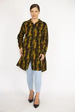 Kadın Büyük Beden Hardal Ön Düğmeli Uzun Kollu Gömlek