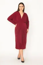 KADIN BORDO GÖĞÜS VE BEL DETAYLI ELBİSE