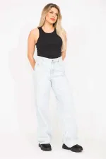 Kadın Büyük Beden Mavi Yıkama Efektli Yırtık Detaylı Yüksek Bel Kot Pantolon 65N36779