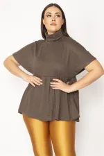 Kadın Kahve Boğazlı Yaka Bel Büzgülü Düşük Kol Triko Bluz 65N29661