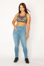 Kadın Mavi Yüksek Bel Likralı 5 Cep Kot Pantolon 65N34349