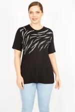 Kadın Saks Büyük Beden Bisiklet Yakalı Ön Baskılı Bluz