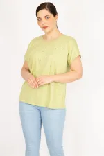 Kadın Yeşil Büyük Beden Pamuklu Kumaş Taş Detaylı Bluz