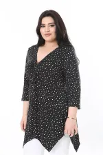 Kadın Büyük Beden Siyah Göğüs Büzmeli Puan Desenli Kapri Kollu Bluz 65N37949