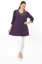 Kadın Büyük Beden Mürdüm Taş Detaylı Kapri Kollu Tunik 65N37696