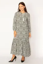 Kadın Siyah Dokuma Viskon Kumaş Etek Ucu Katlı Uzun Kollu Elbise 65N34324