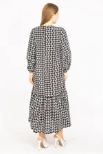 Kadın Siyah Dokuma Viskon Kumaş Etek Ucu Katlı Uzun Kollu Elbise 65N35513