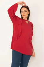 KADIN BORDO YAKA VE VOLAN DETAYLI BLUZ