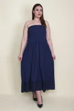 Kadın Lacivert Etek Ucu Dantel Göğüs Kısmı Gipe Lastikli Elbise 65N26128