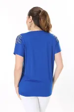 Kadın Büyük Beden Saks Angels Taş Detaylı Kısa Kollu Bluz 65N37675