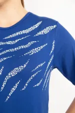 Kadın Saks Büyük Beden Bisiklet Yakalı Ön Baskılı Bluz