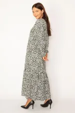 Kadın Siyah Dokuma Viskon Kumaş Etek Ucu Katlı Uzun Kollu Elbise 65N34324