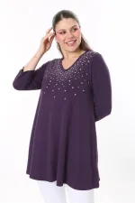 Kadın Büyük Beden Mürdüm Taş Detaylı Kapri Kollu Tunik 65N37696