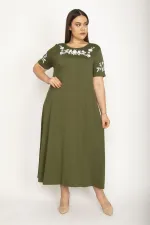 Kadın Haki Sim Detaylı Ön Baskılı Viskon Elbise 65N27473
