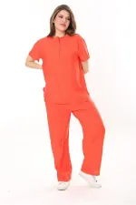 Kadın Büyük Beden Nar Ön Pat Düğmeli Tunik Ve Pantolon İkili Takım 65N37879