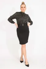 KADIN LACİVERT PUAN DESENLİ BELİ KEMERLİ ELBİSE