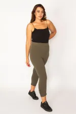 Kadın Haki Pamuklu Kumaş Paçası Büzgü Detaylı Tayt Kapri  65N34125