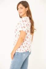 Kadın Büyük Beden Kemik Pamuk Kumaş Bisiklet Yakalı Desenli Bluz 65N36922