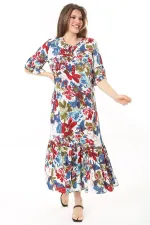 Kadın Büyük Beden Mavi Dokuma Viskon Kumaş Eteği Katlı Kısa Kollu Elbise 65N37868