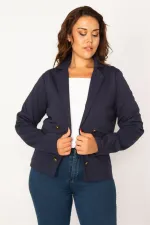 Kadın Lacivert Agraf Kapatmalı Süs Metal Düğmeli Astarlı Klasik Ceket 65N34066