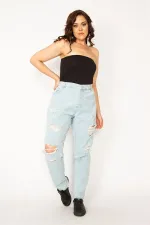 Kadın Mavi Yıkama Efektli Yırtık Detaylı Kot Pantolon 65N33945
