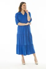 Kadın Büyük Beden Saks Yakalı Kol Ağzı Lastik Detaylı Katlı Uzun Elbise 65N37071